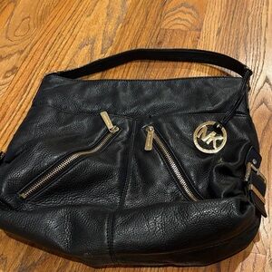 Michael Kors Black Leather Shoulder Bag with Gold Accents